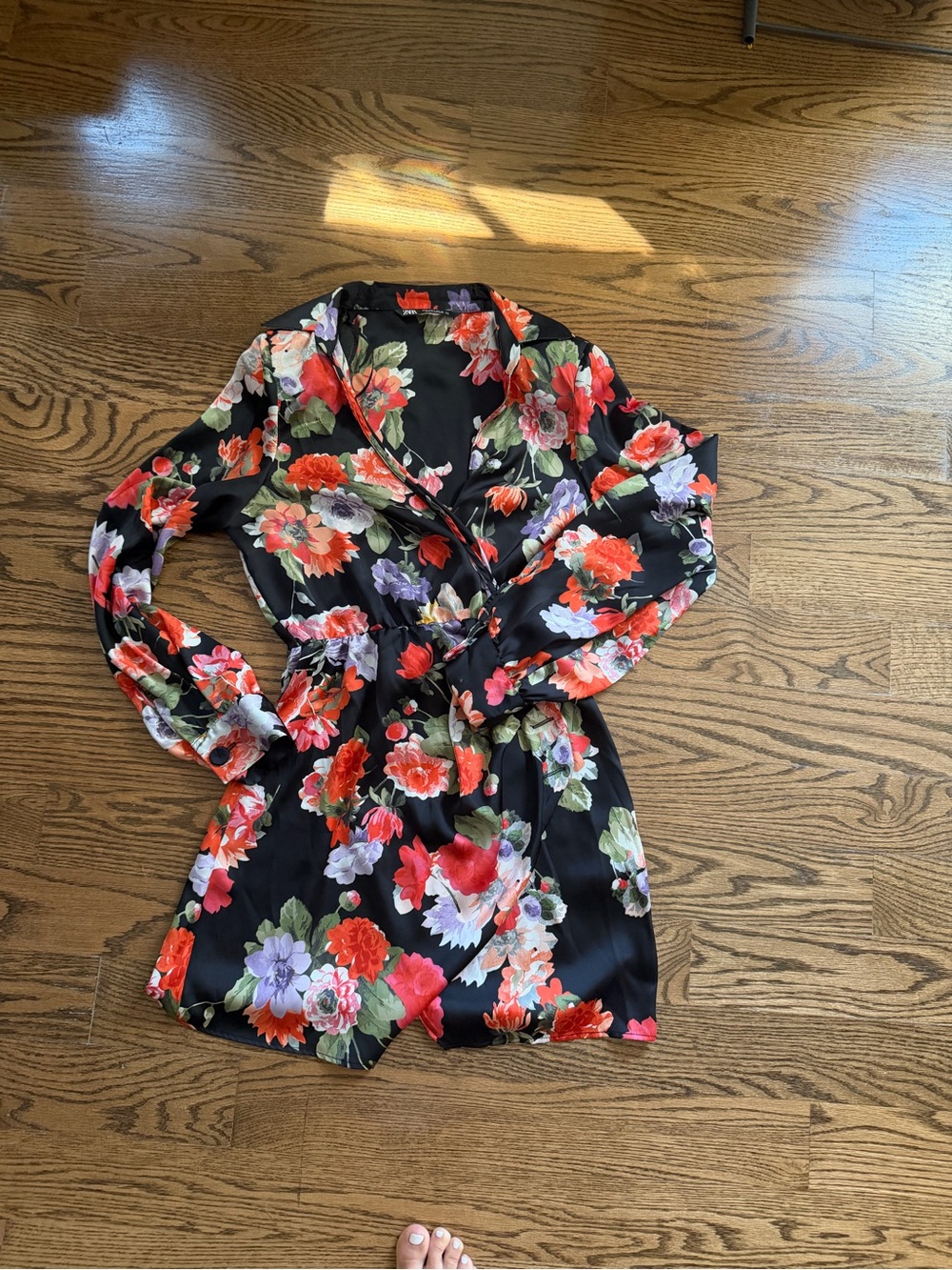Zara Black Satin dress with Red & Purple Floral Print